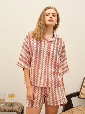 Red & Beige Chevron Stripe Oversized Shirt-SFSHRT20598