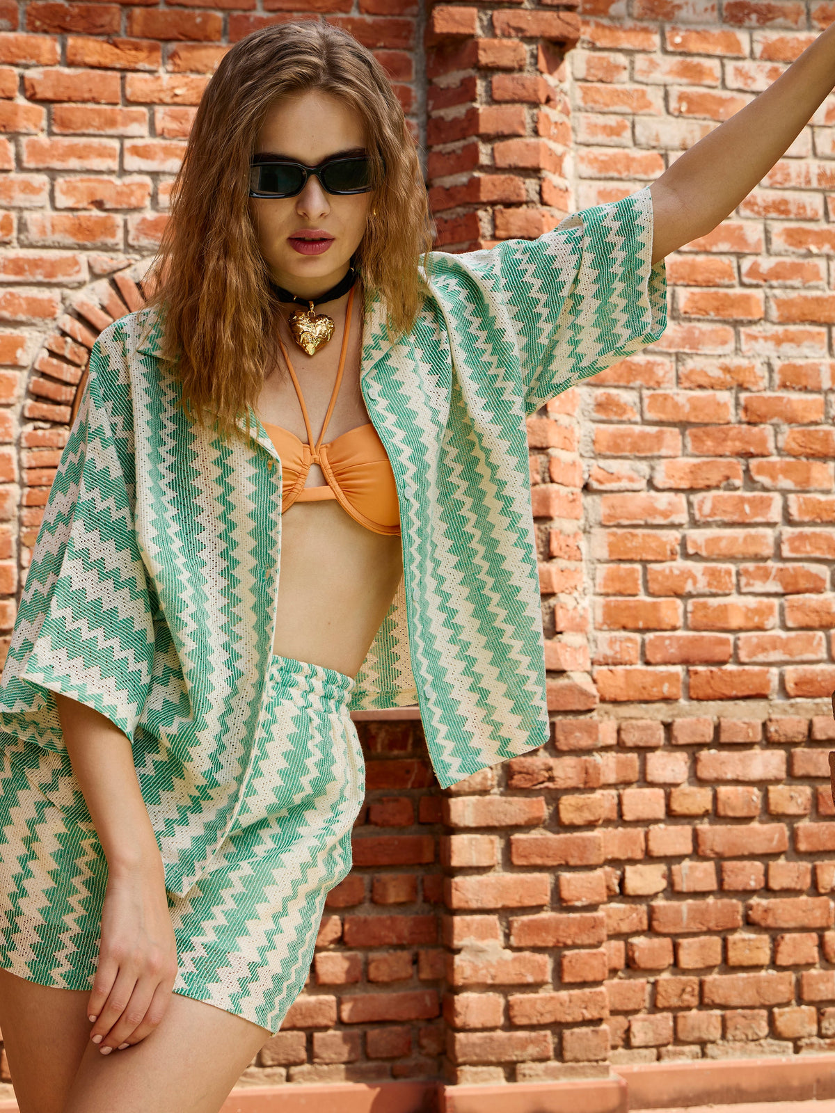 Green & Beige Chevron Stripe Oversized Shirt-SFSHRT20599