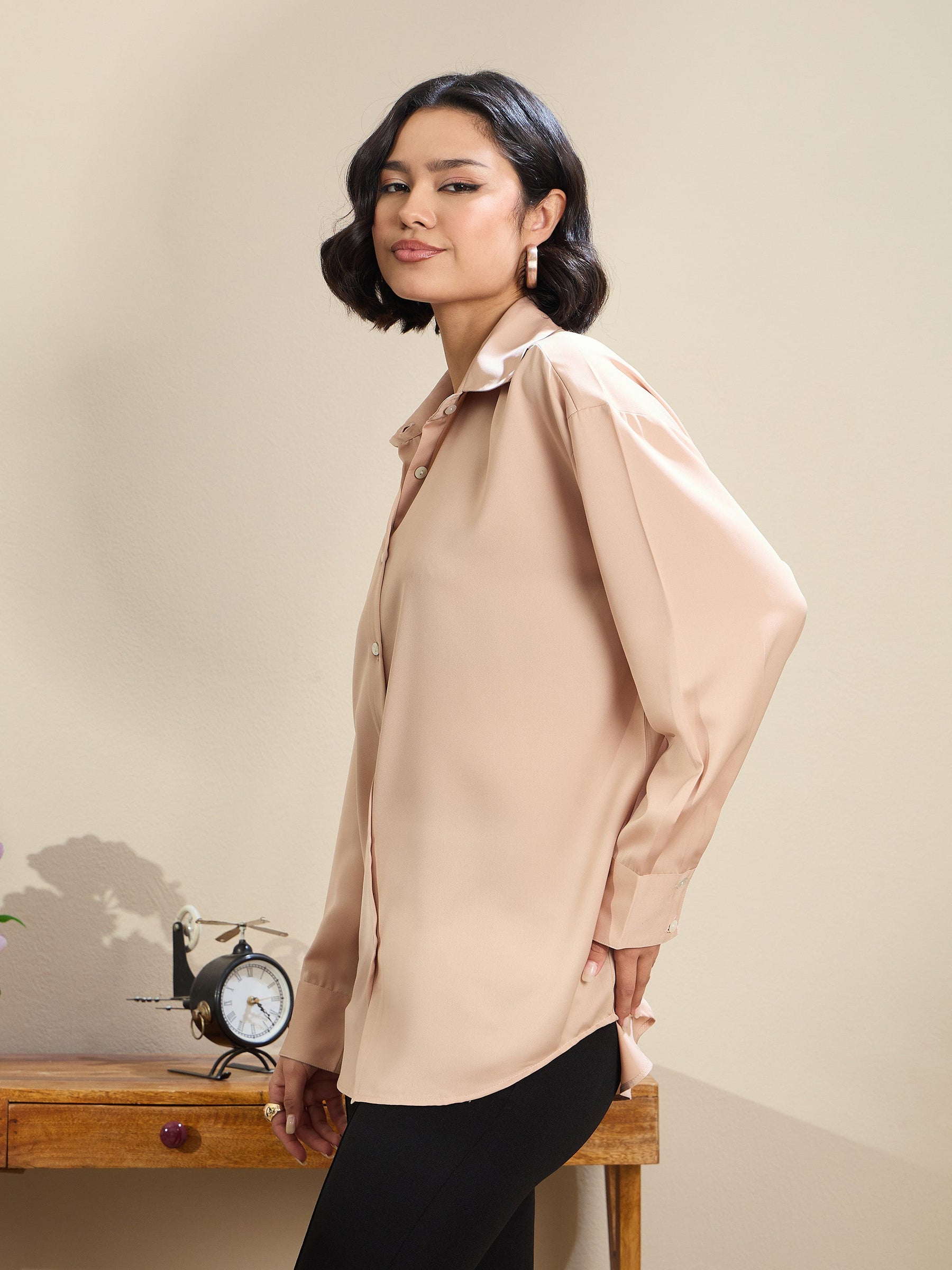 Beige Satin Oversized Curved Hem Shirt-SASSAFRAS BASICS