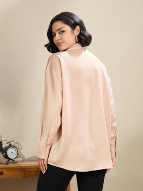Women Beige Satin Oversized Curved Hem Shirt