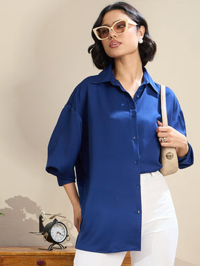 Royal Blue Satin Oversized Curved Hem Shirt-SASSAFRAS BASICS