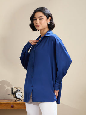 Royal Blue Satin Oversized Curved Hem Shirt-SASSAFRAS BASICS