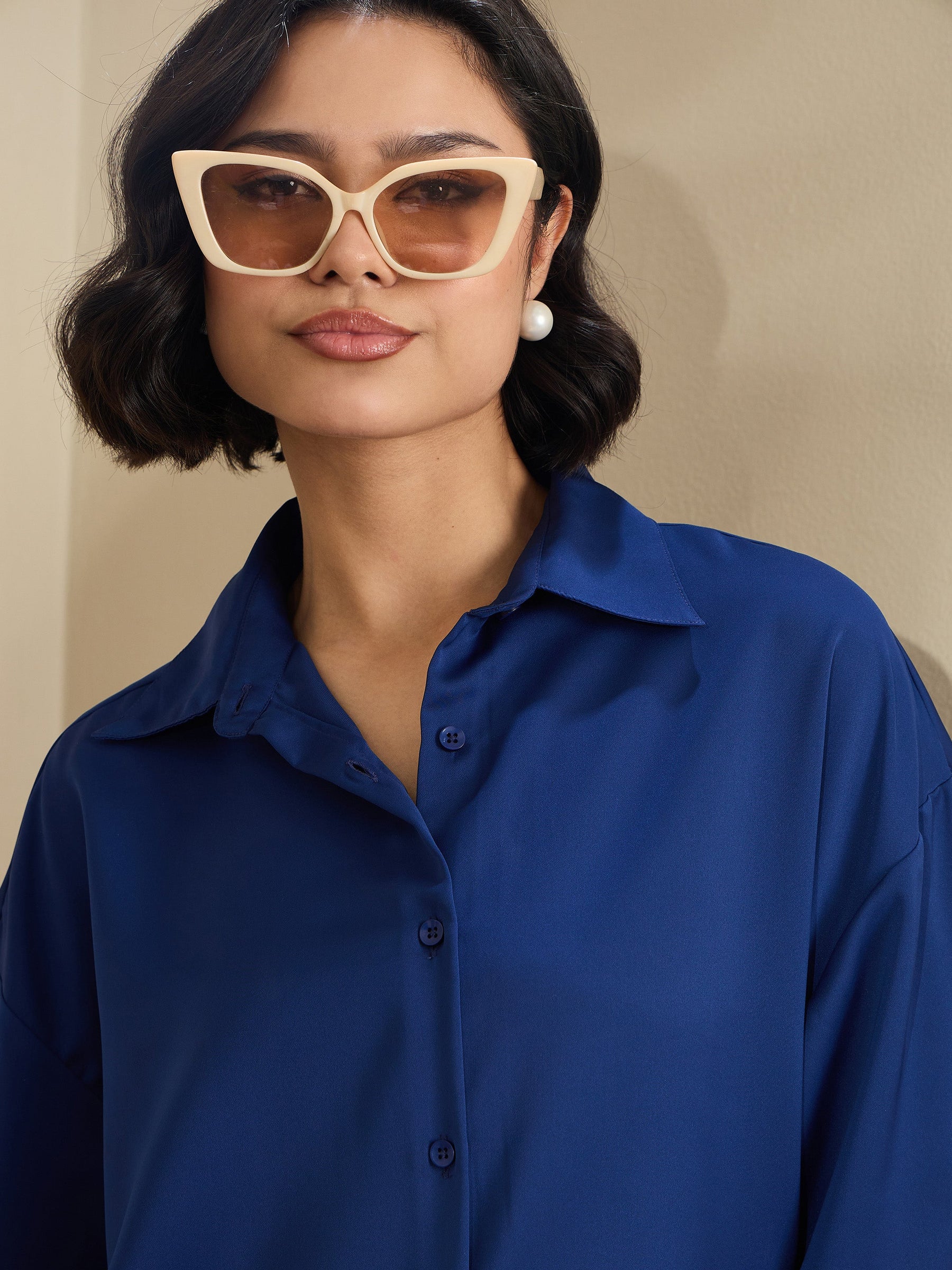 Royal Blue Satin Oversized Curved Hem Shirt-SASSAFRAS BASICS