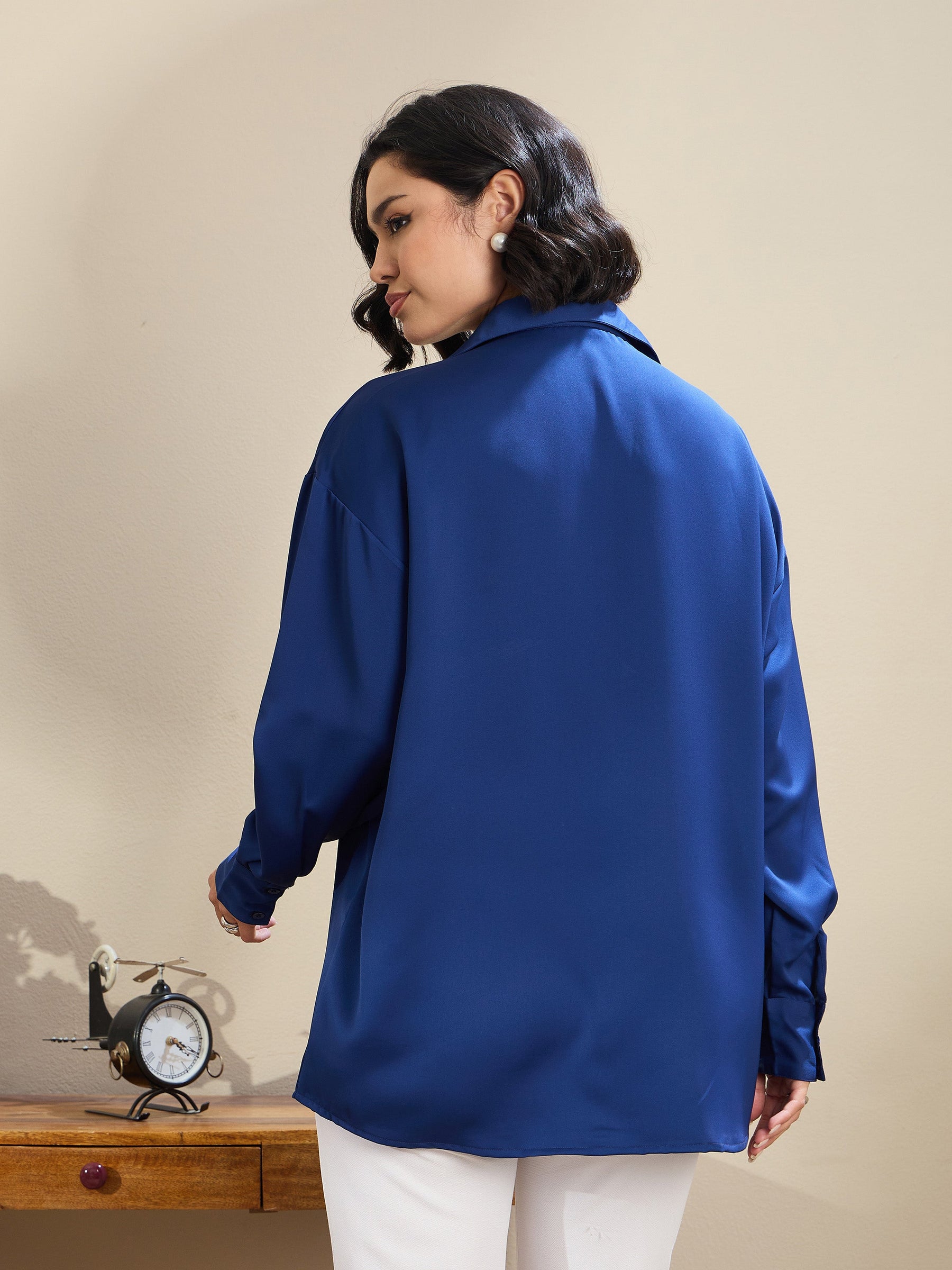 Royal Blue Satin Oversized Curved Hem Shirt-SASSAFRAS BASICS