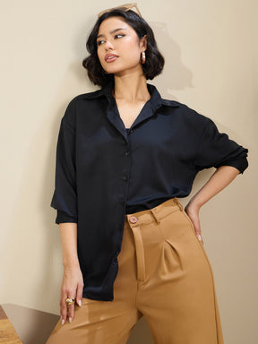 Black Satin Oversized Curved Hem Shirt-SASSAFRAS BASICS