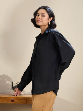 Black Satin Oversized Curved Hem Shirt-SASSAFRAS BASICS