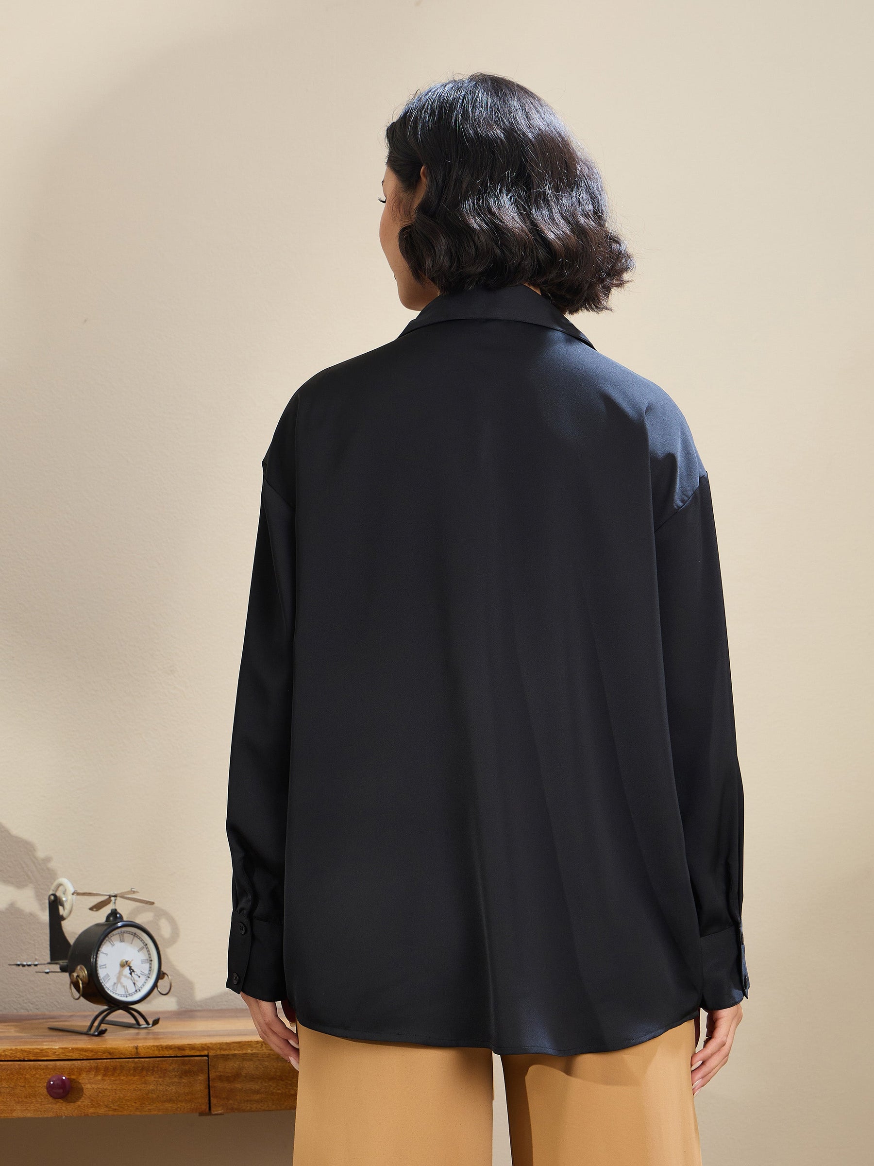 Black Satin Oversized Curved Hem Shirt-SASSAFRAS BASICS