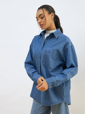 Blue Washed Denim Oversized Shirt-SASSAFRAS BASICS