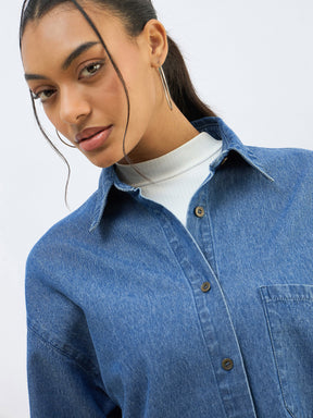 Blue Washed Denim Oversized Shirt-SASSAFRAS BASICS