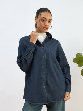 Women Blue Washed Denim Oversized Shirt