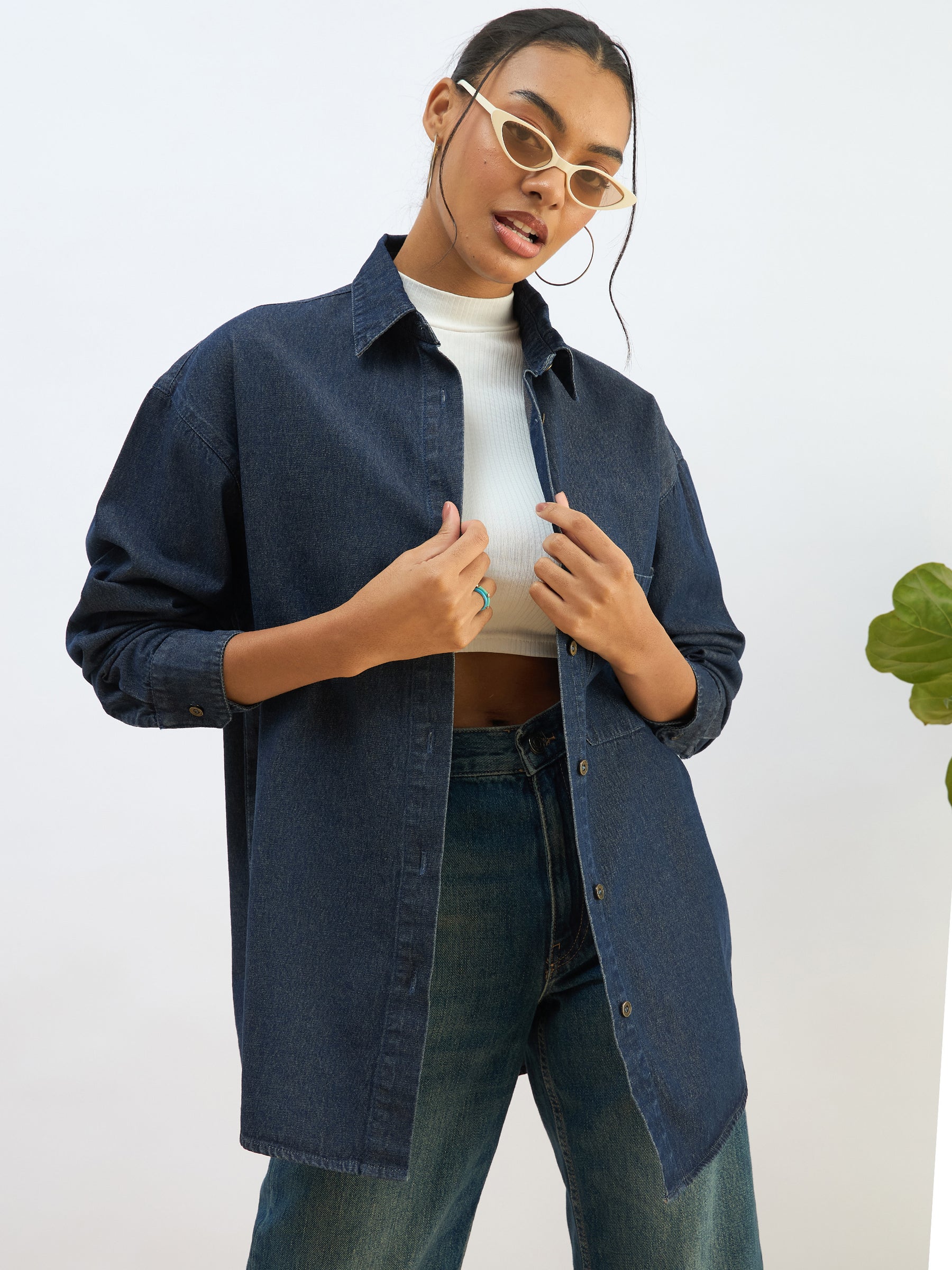 Women Blue Washed Denim Oversized Shirt