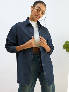 Women Blue Washed Denim Oversized Shirt