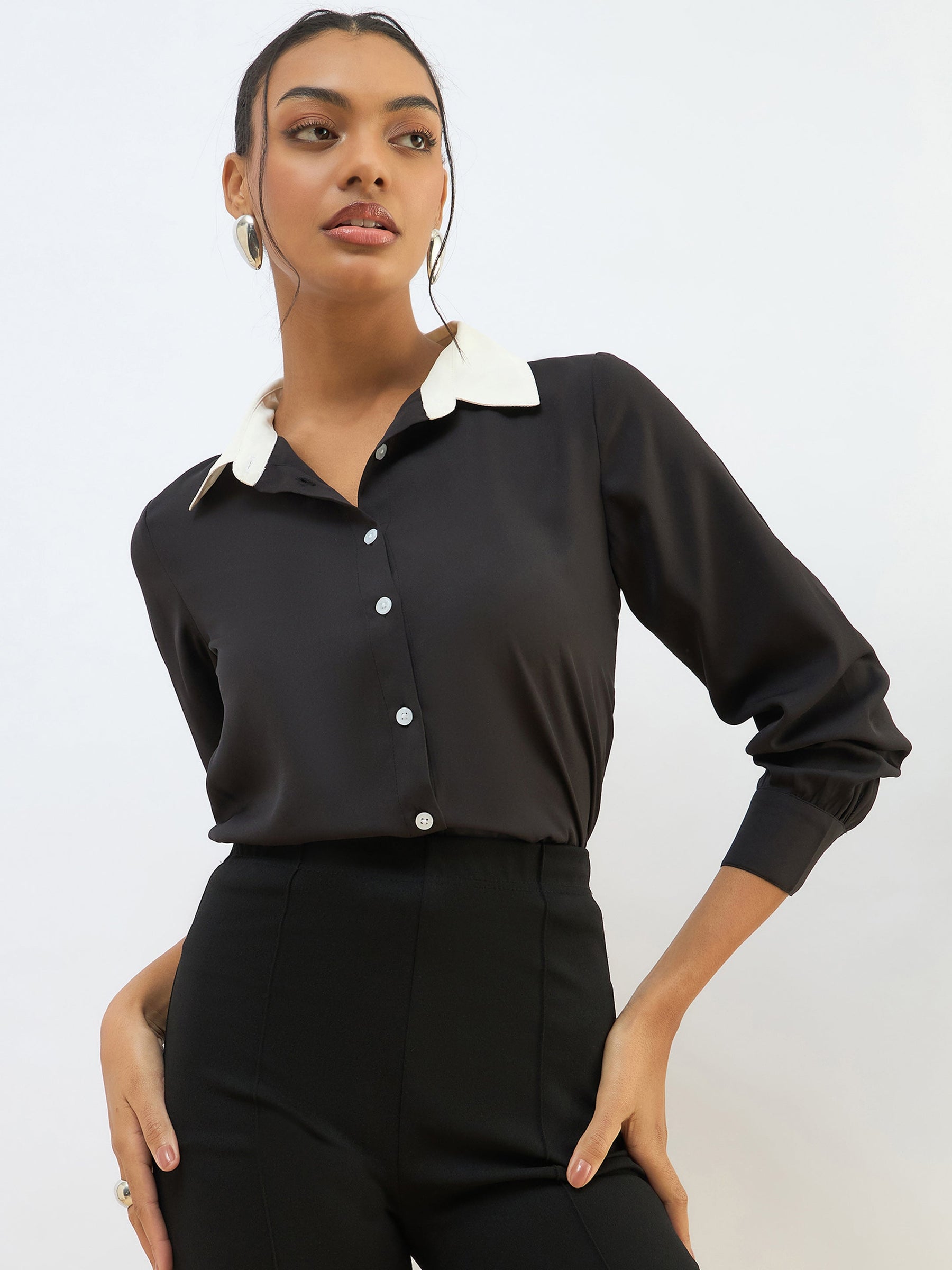 ladies black dress shirt Buy Women Black Contrast Collar Regular Shirt Online at Best Price