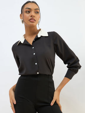 Black Contrast Collar Regular Shirt-SASSAFRAS BASICS