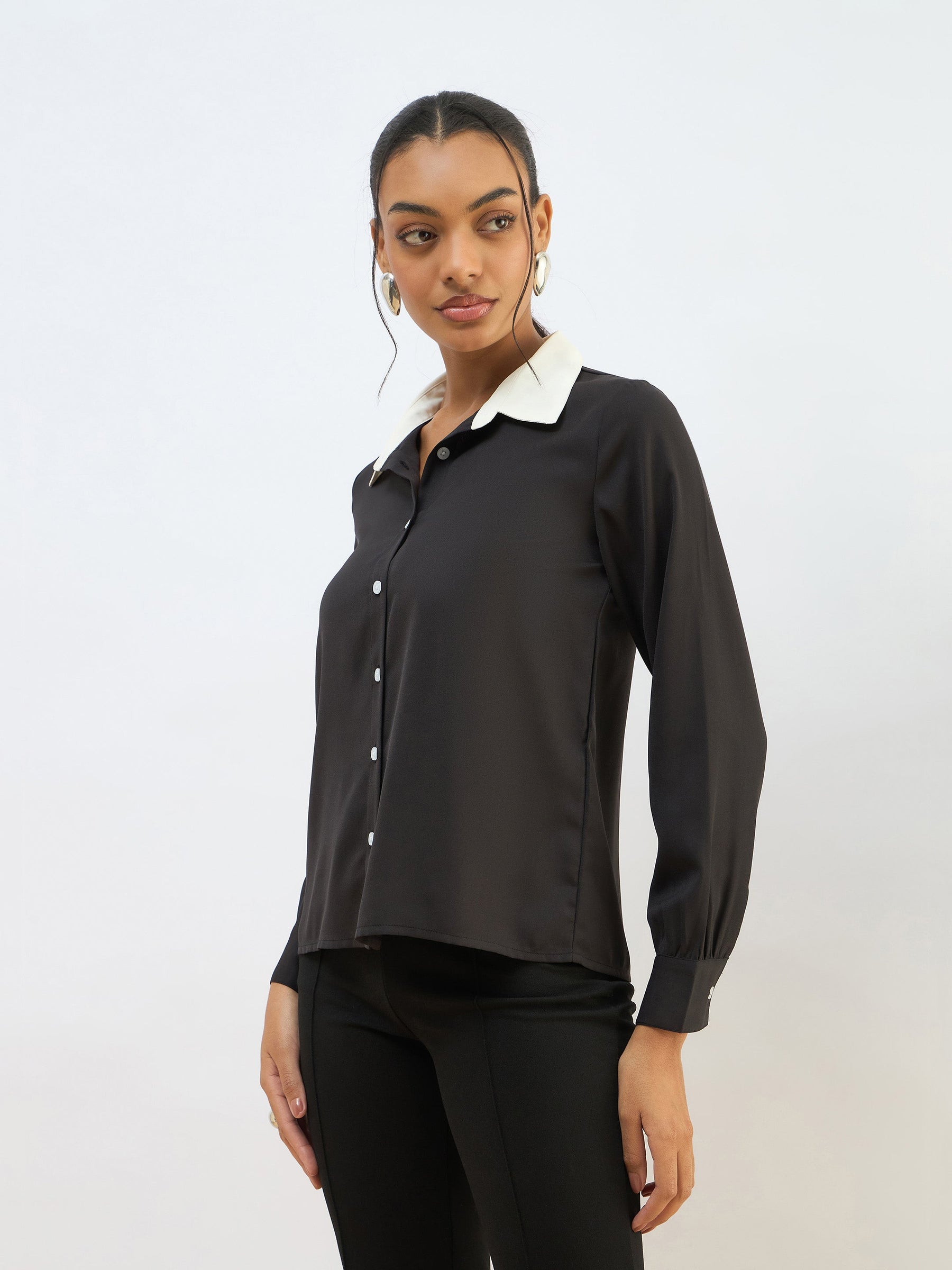 Black Contrast Collar Regular Shirt-SASSAFRAS BASICS