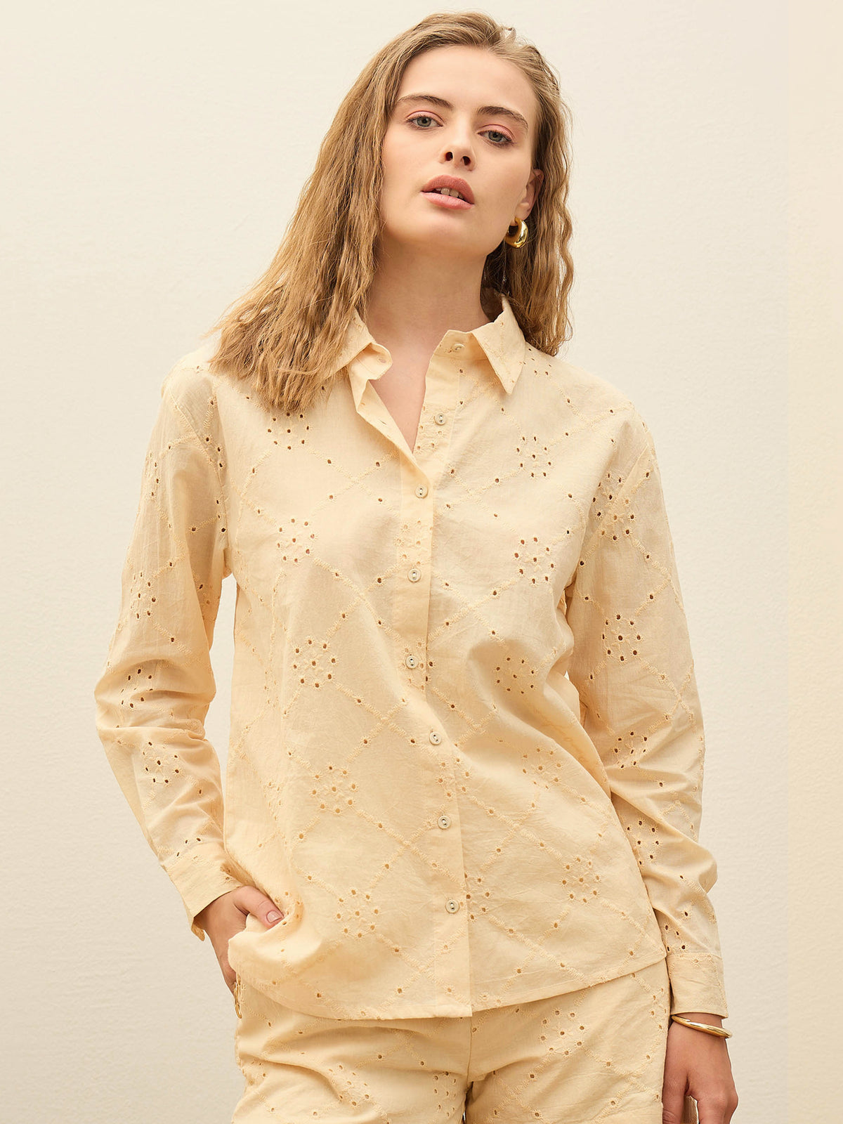 Women Ecru Schiffli Full Sleeve Regular Shirt