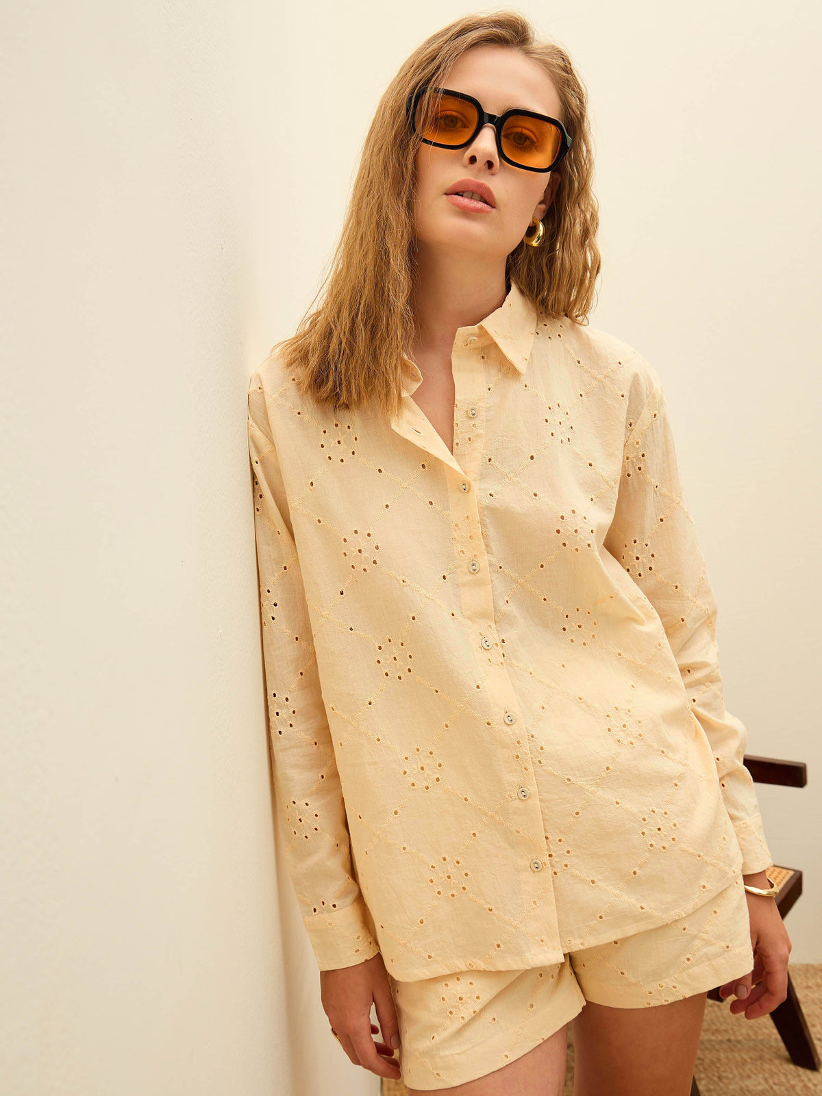 Ecru Schiffli Full Sleeve Regular Shirt With Shorts-SASSAFRAS