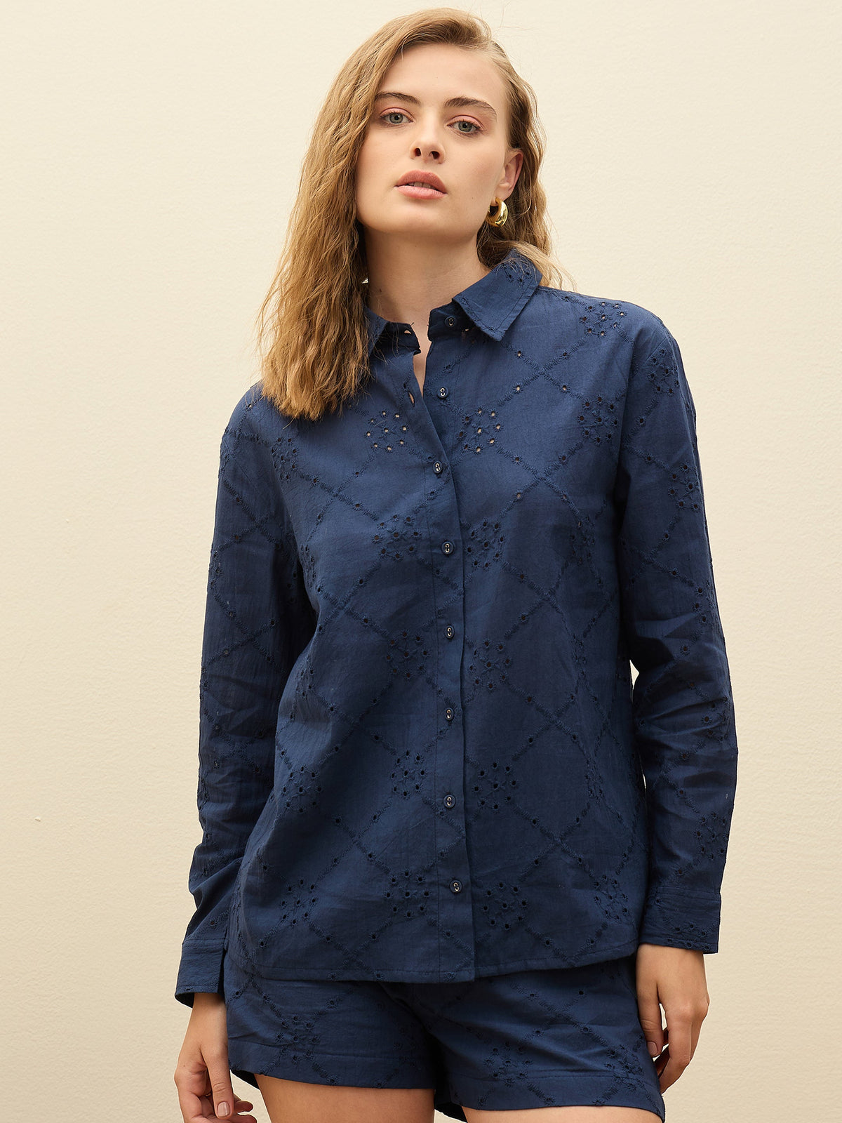 Navy Schiffli Full Sleeve Regular Shirt -SASSAFRAS