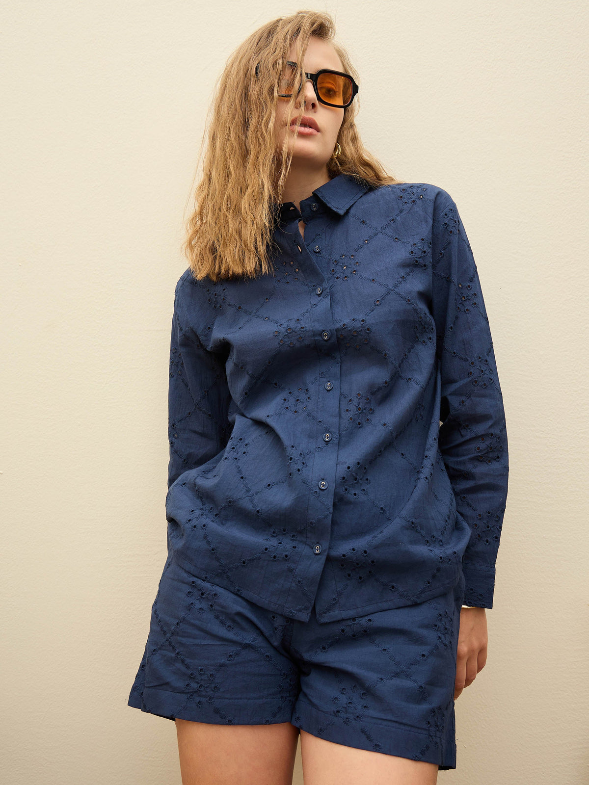 Navy Schiffli Full Sleeve Regular Shirt With Shorts-SASSAFRAS