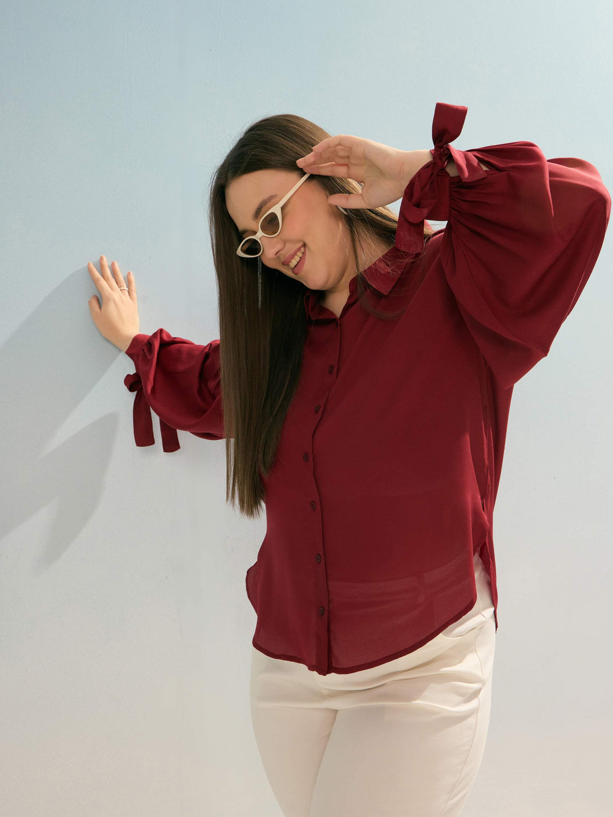 Maroon Sleeve Knot Collar Shirt -SASSAFRAS Curve