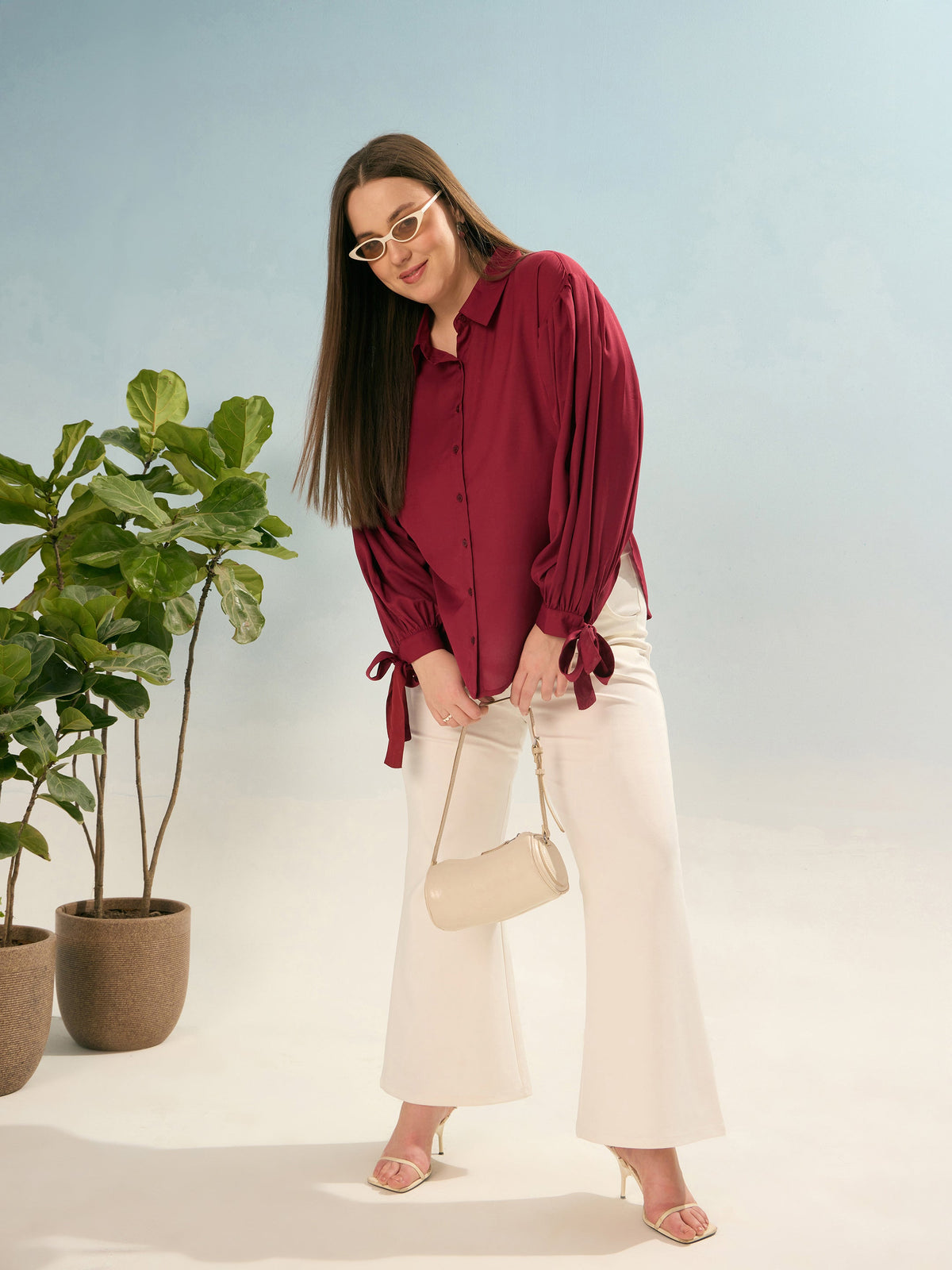 Maroon Sleeve Knot Collar Shirt -SASSAFRAS Curve