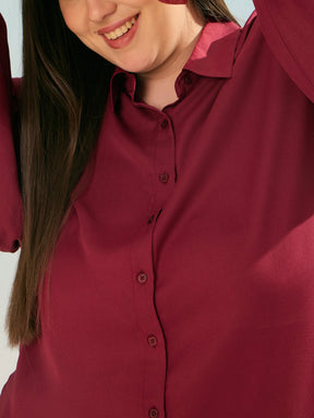 Maroon Sleeve Knot Collar Shirt -SASSAFRAS Curve