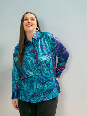 Blue Printed Regular Satin Shirt -SASSAFRAS Curve
