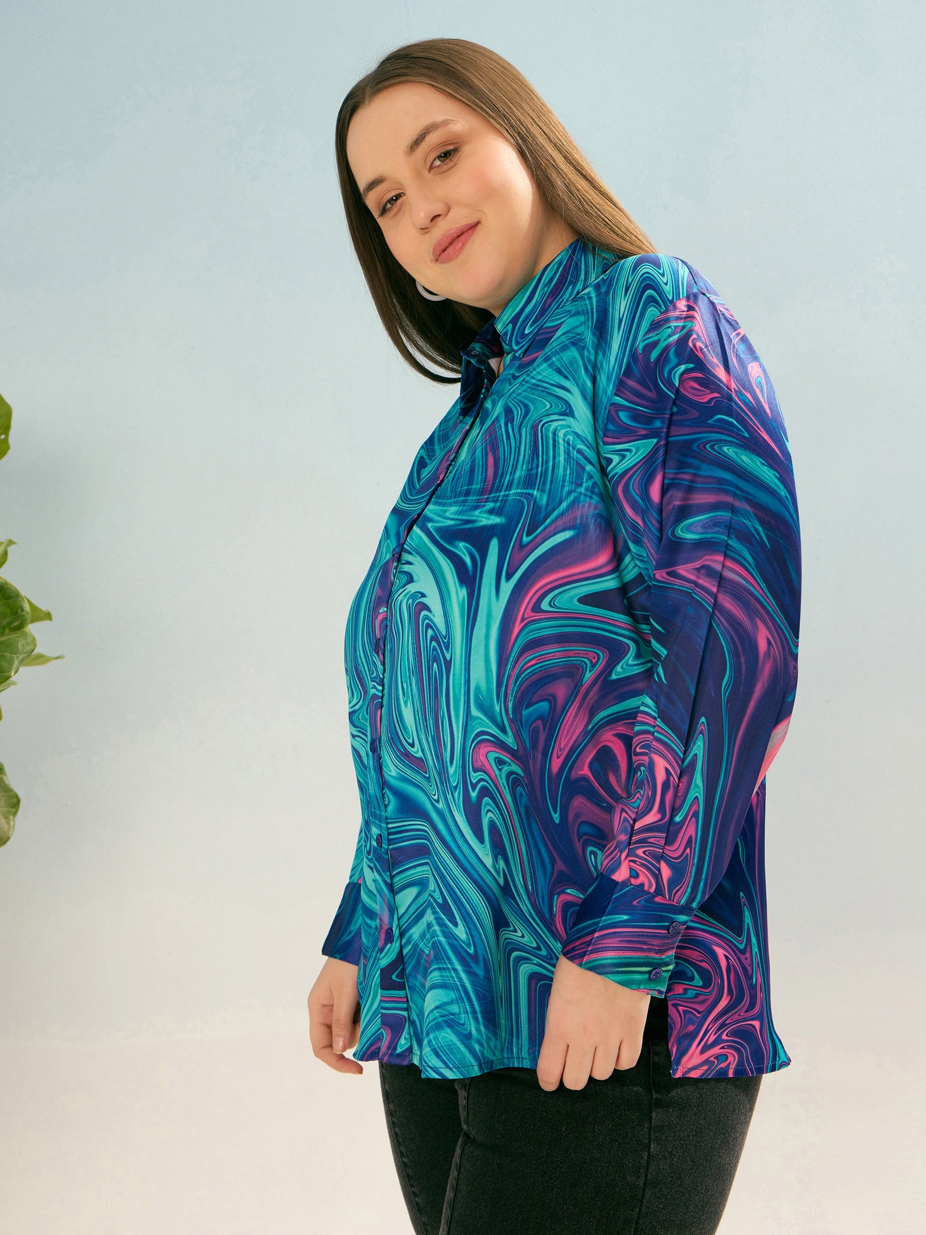 Blue Printed Regular Satin Shirt -SASSAFRAS Curve
