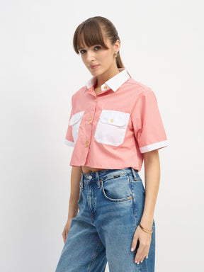 Red & White Stripes Crop Shirt-SASSAFRAS