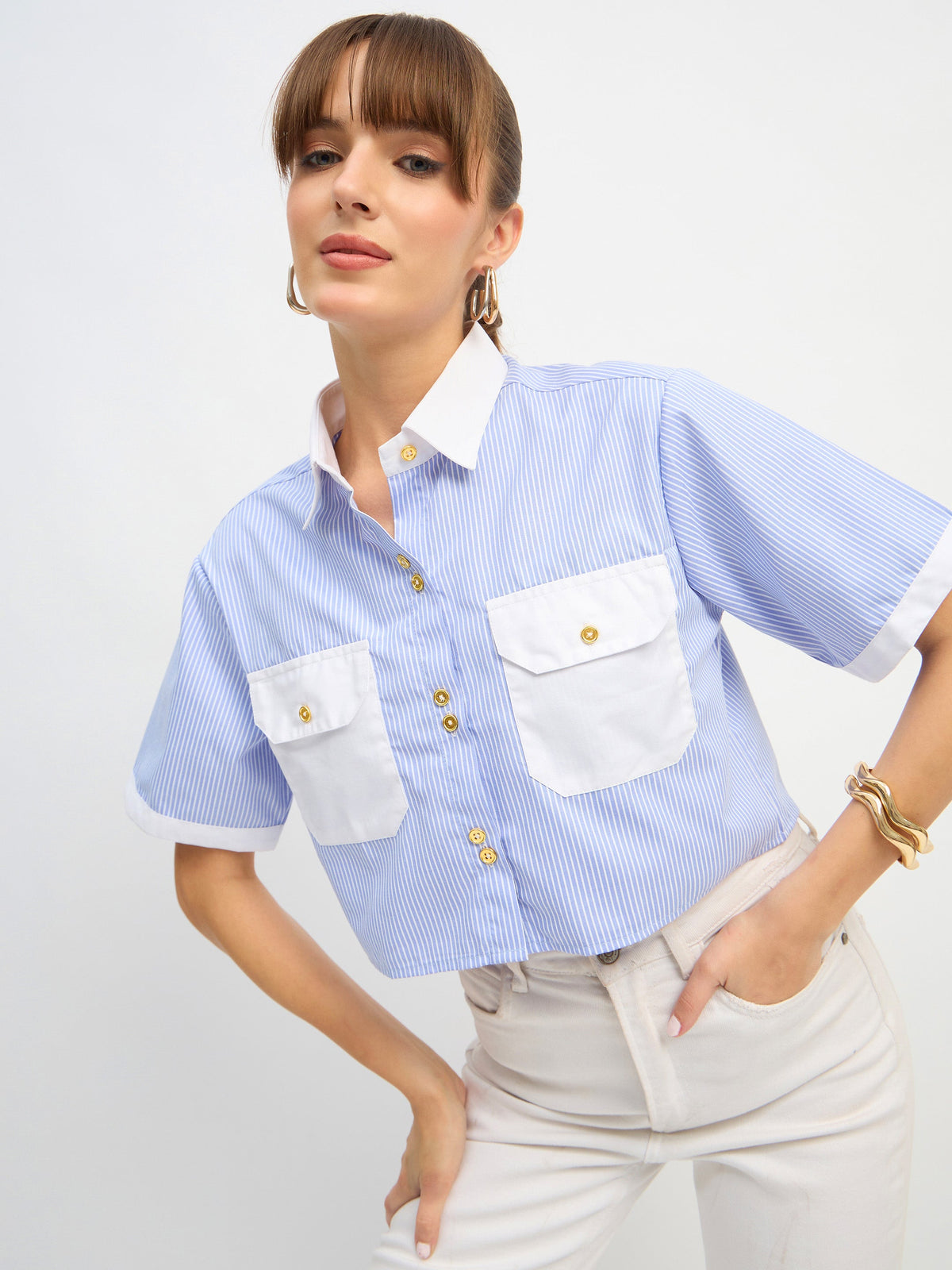 Blue & White Stripes Crop Shirt-SASSAFRAS