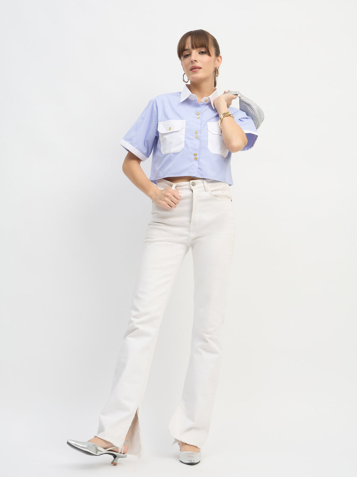 Blue & White Stripes Crop Shirt-SASSAFRAS