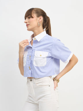 Blue & White Stripes Crop Shirt-SASSAFRAS