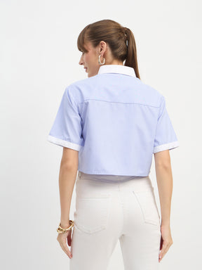 Blue & White Stripes Crop Shirt-SASSAFRAS