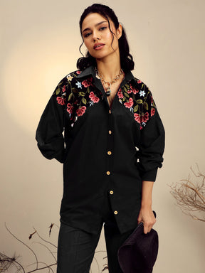 Black Poplin Embroidered Shirt -Pink Paprika By SASSAFRAS