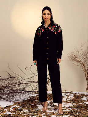 Black Poplin Embroidered Shirt -Pink Paprika By SASSAFRAS