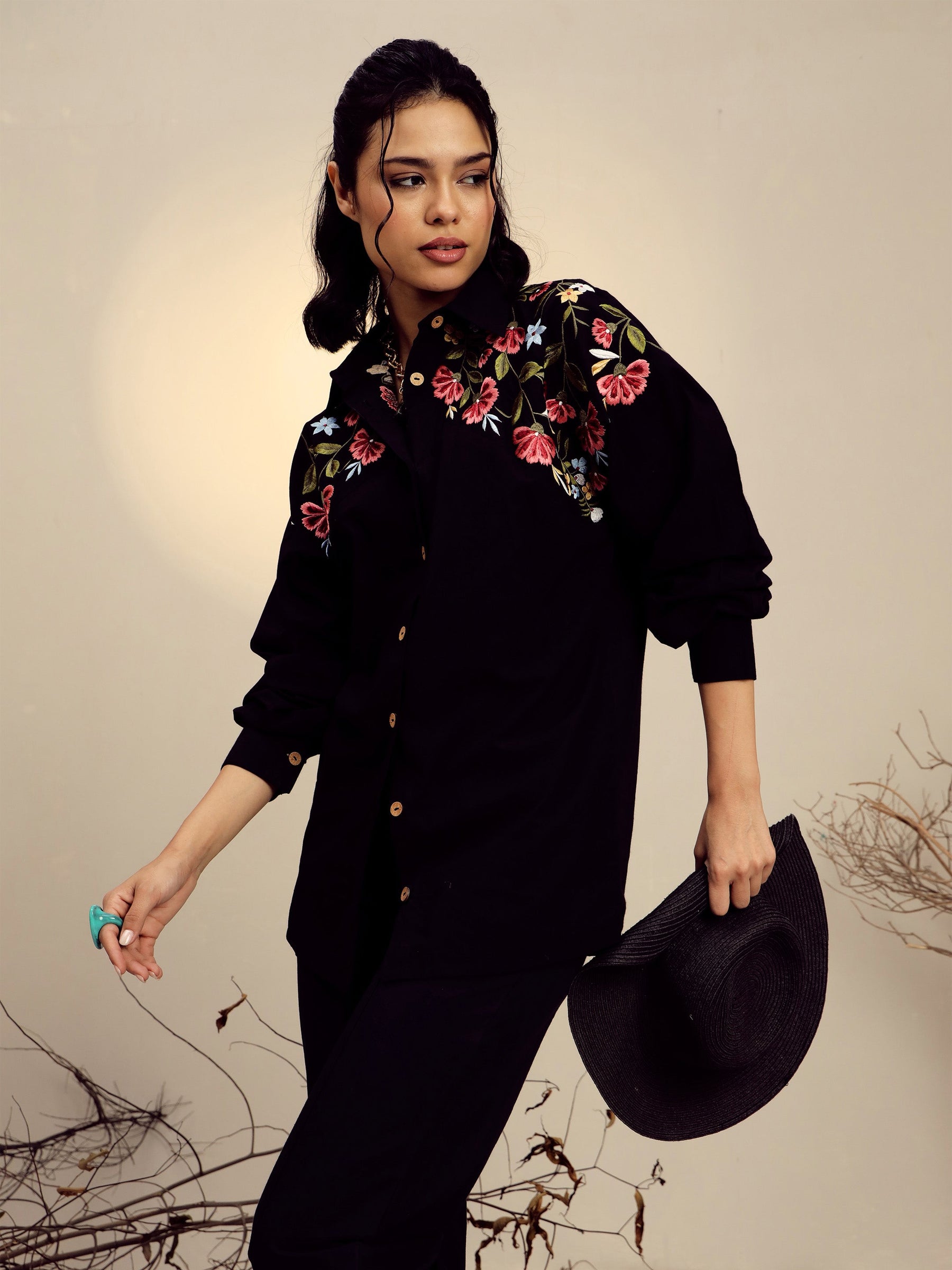 Black Poplin Embroidered Shirt -Pink Paprika By SASSAFRAS