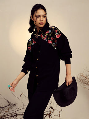 Black Poplin Embroidered Shirt -Pink Paprika By SASSAFRAS