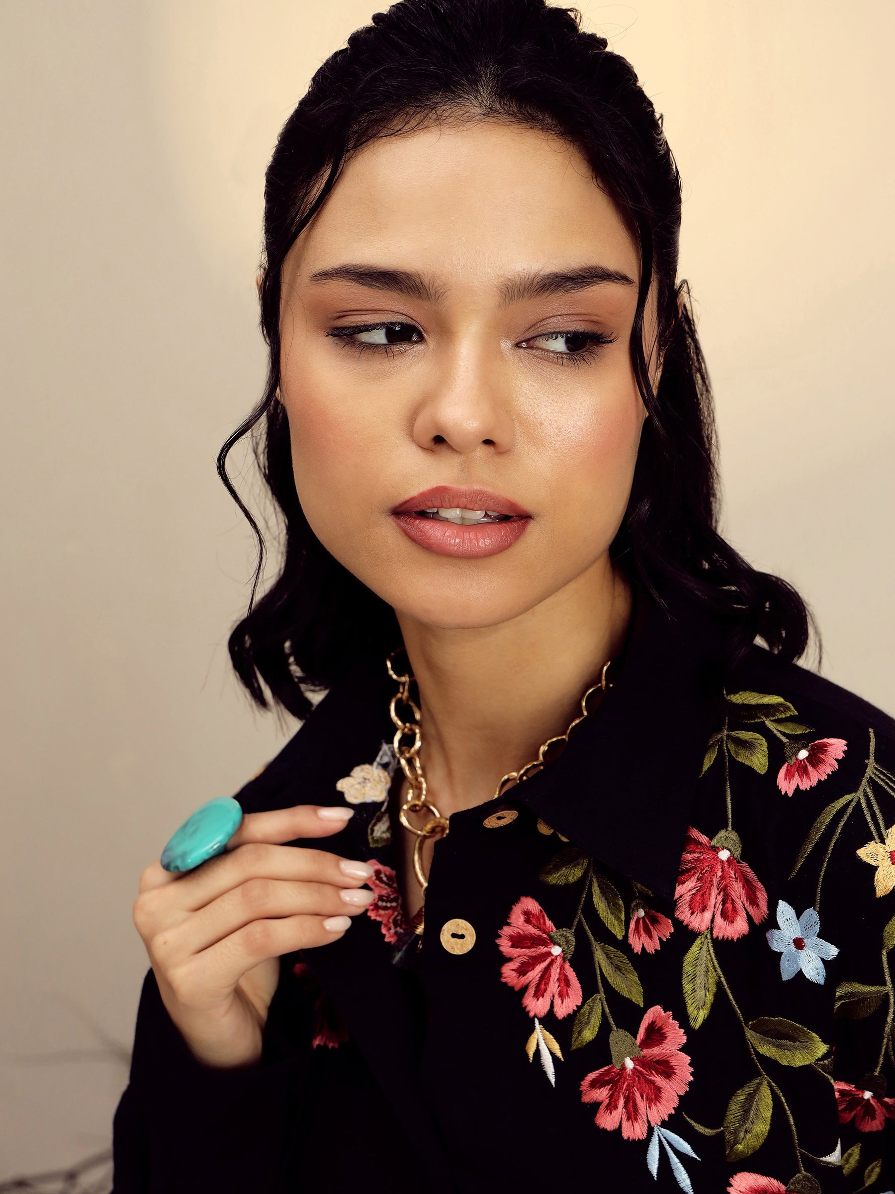 Black Poplin Embroidered Shirt -Pink Paprika By SASSAFRAS