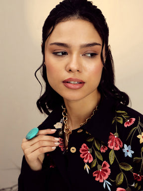 Black Poplin Embroidered Shirt -Pink Paprika By SASSAFRAS