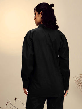 Black Poplin Embroidered Shirt -Pink Paprika By SASSAFRAS