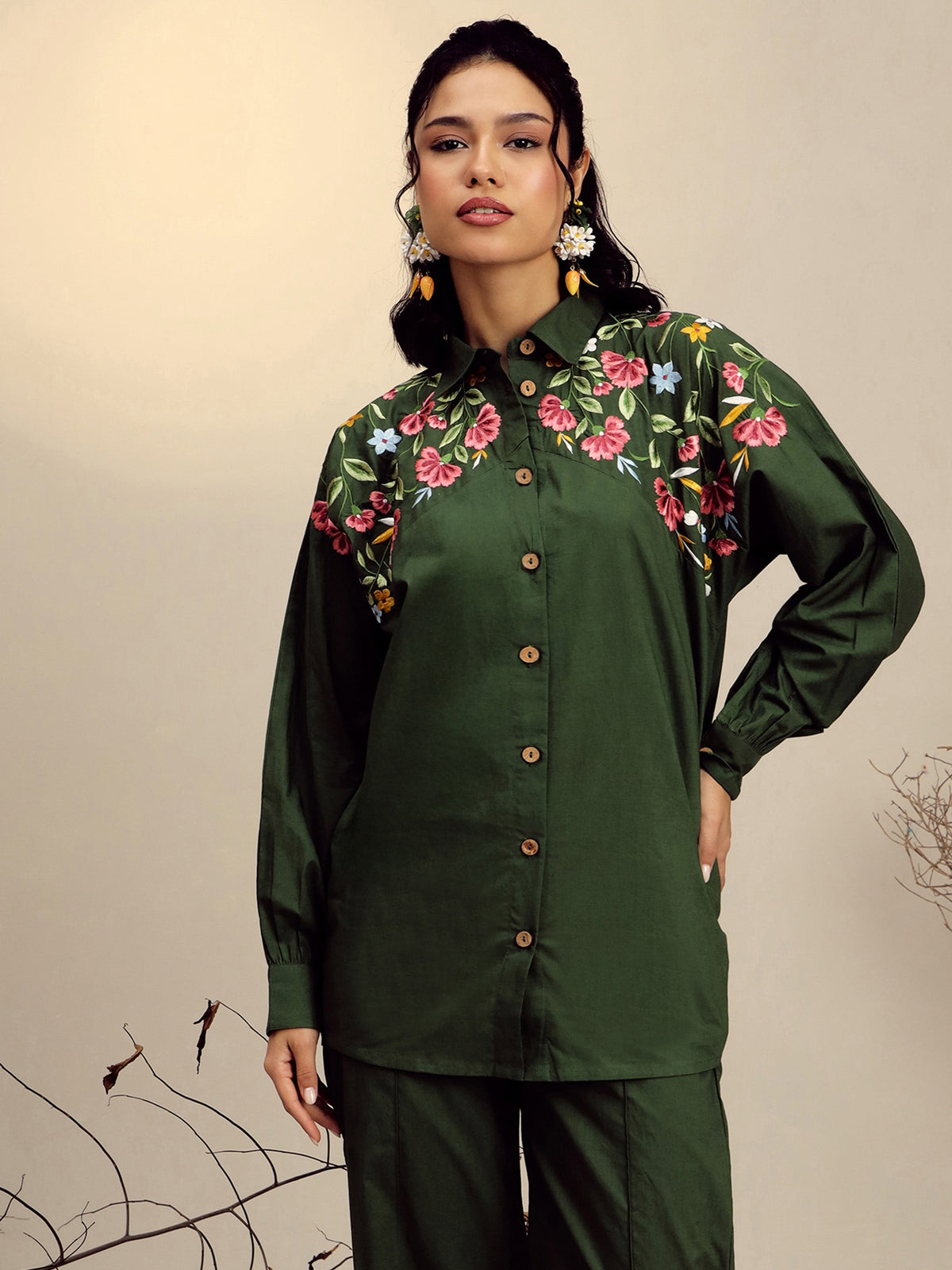 Olive Poplin Embroidered Shirt -Pink Paprika By SASSAFRAS