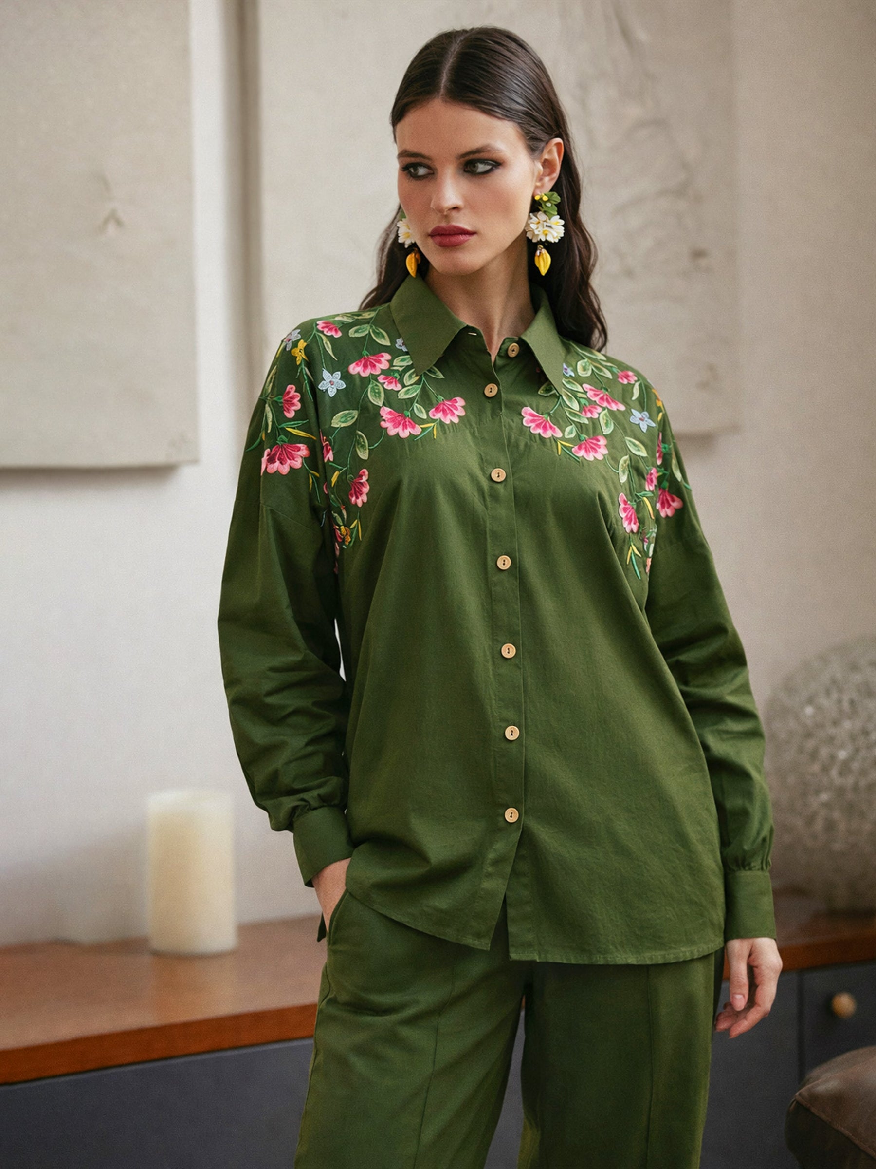 Women Olive Poplin Embroidered Shirt