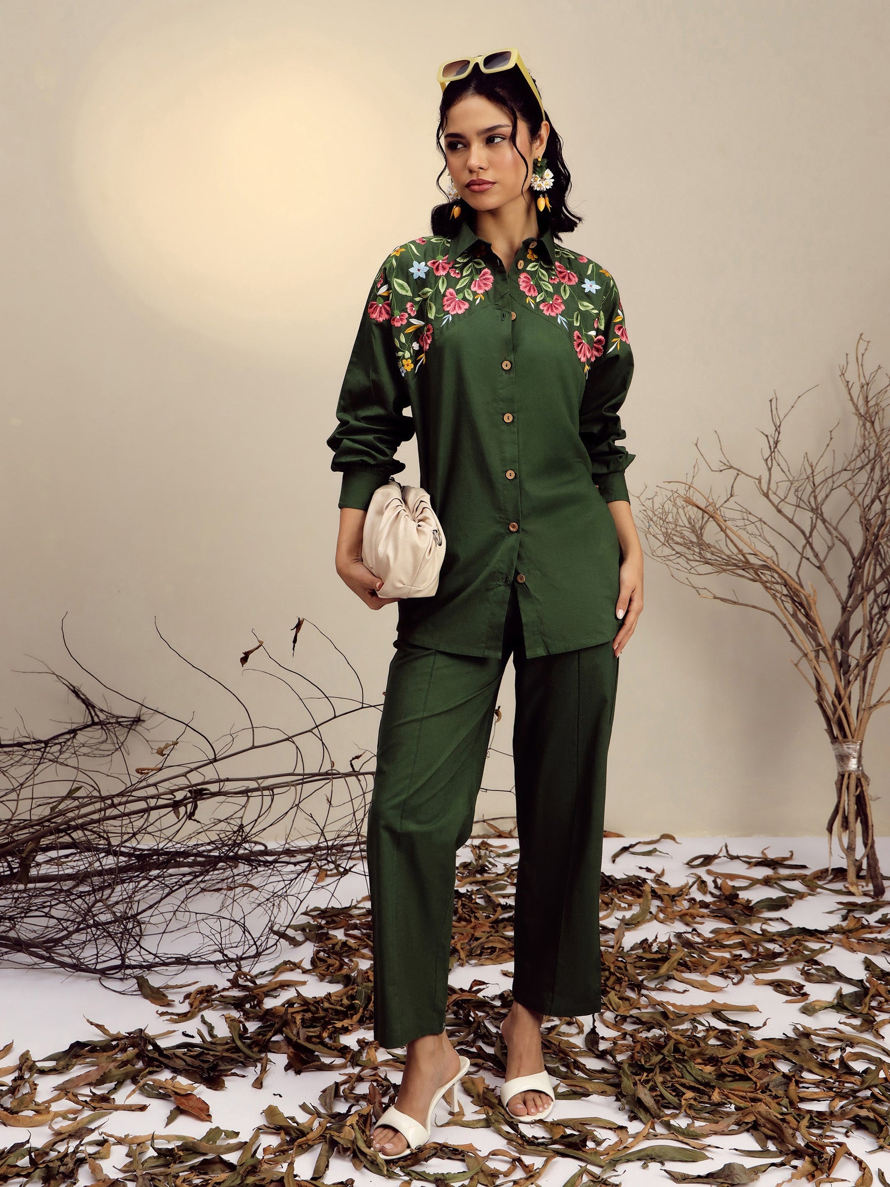 Olive Poplin Embroidered Shirt -Pink Paprika By SASSAFRAS