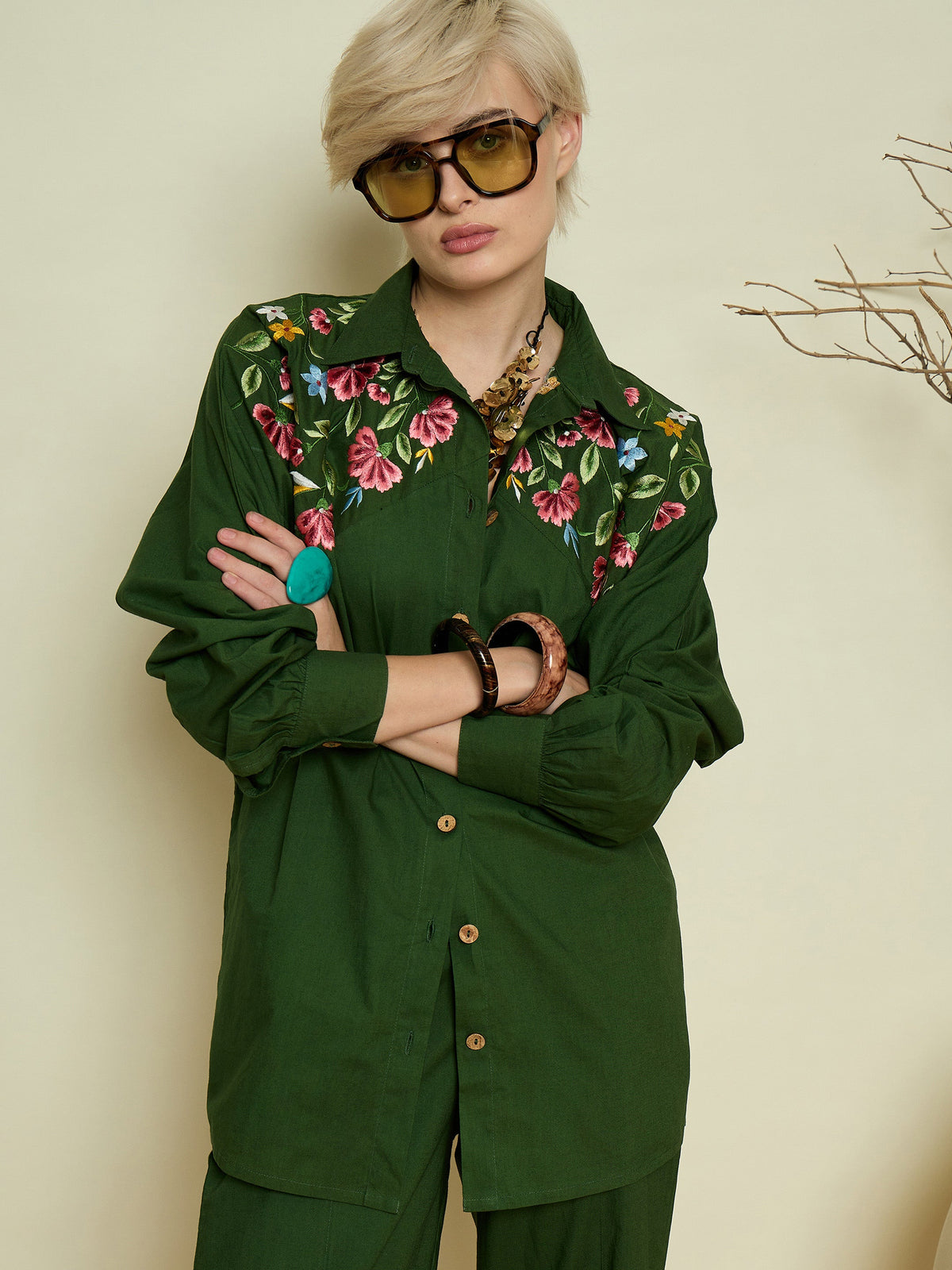 Women Olive Poplin Embroidered Shirt