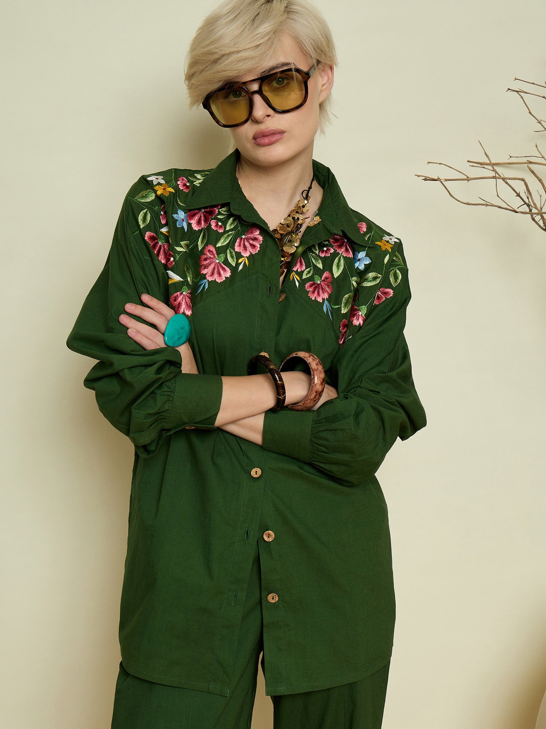 Women Olive Poplin Embroidered Shirt