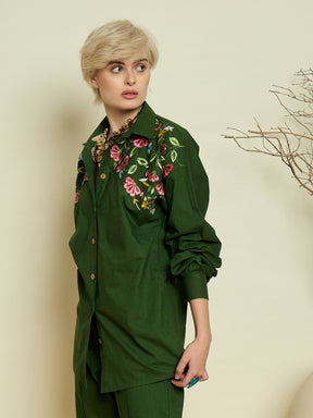 Women Olive Poplin Embroidered Shirt