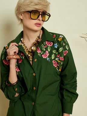 Women Olive Poplin Embroidered Shirt