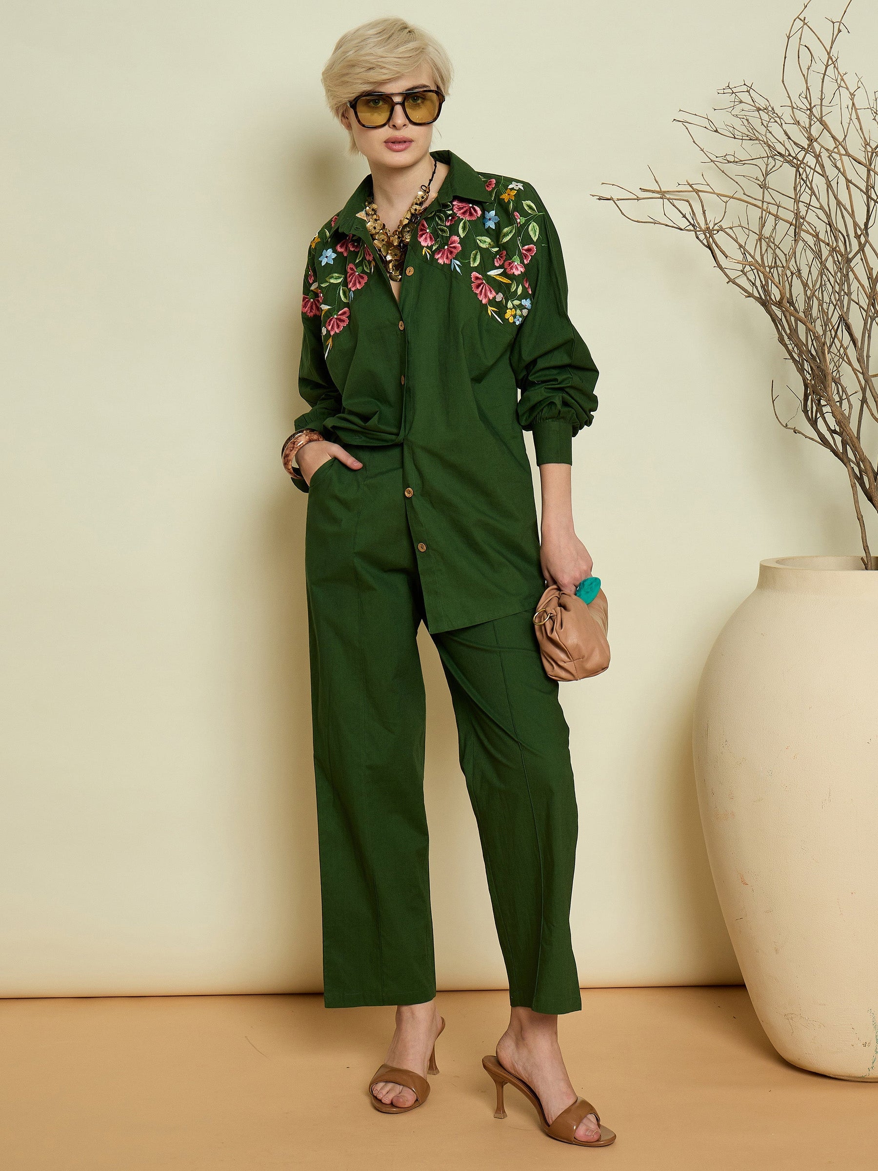 Women Olive Poplin Embroidered Shirt