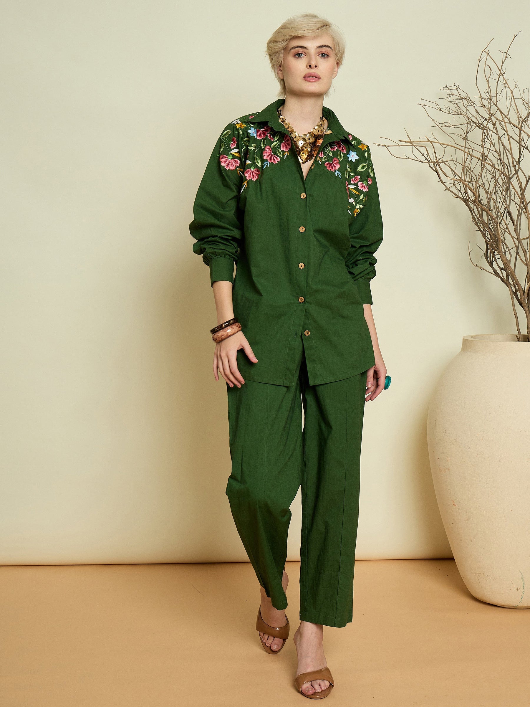 Women Olive Poplin Embroidered Shirt