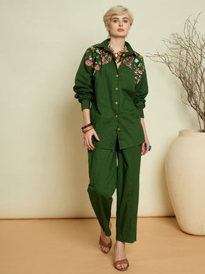 Women Olive Poplin Embroidered Shirt
